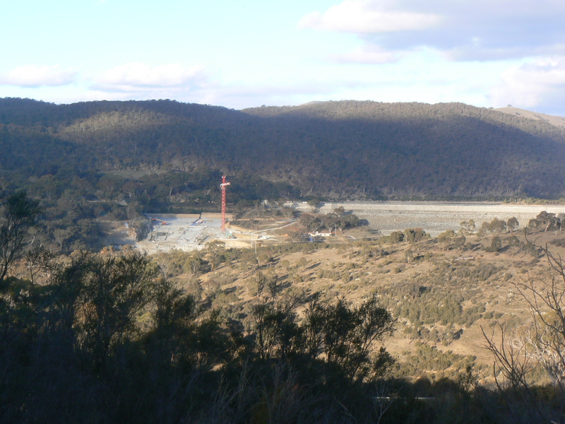 Spillway construction and the Dam wall, as seen from the Googong Dam Water Treatment Plant hill summit