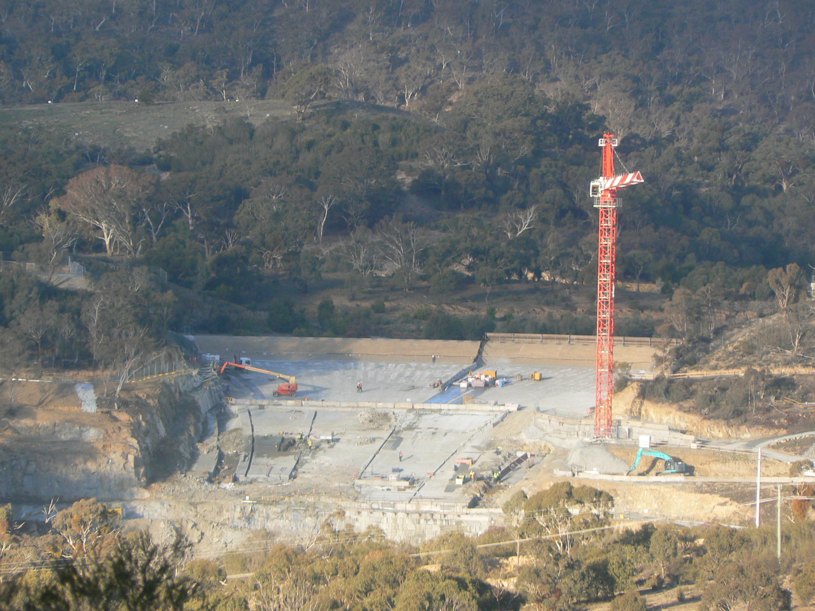 Closer view of the spillway construction, as seen from the Googong Dam Water Treatment Plant hill summit