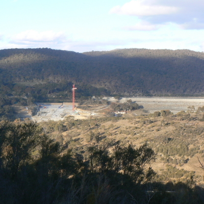 Spillway construction and the Dam wall, as seen from the Googong Dam Water Treatment Plant hill summit