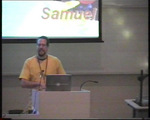 Pictures from my Seminar held at 11am Tuesday 19 April 2005 in MCC T3. My seminar was about Small Business Network Security and all the photos of it are from frames from my video camera. They aren't in any particular order except for this one...the first one.
This is Michael introducing me...it is a good feeling when somebody introduces you.