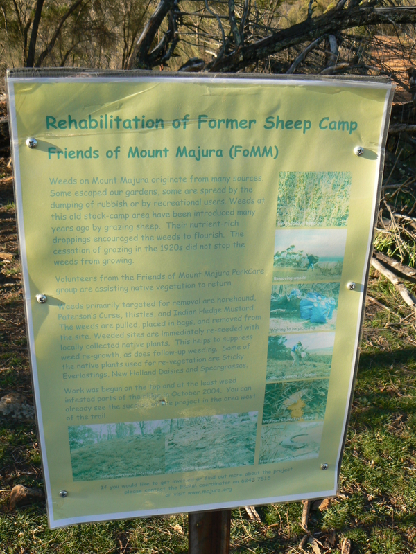 A sign at the path intersection promoting the preservation of Mount Majura.
The sign is quite faded, which indicates it has been there a while.