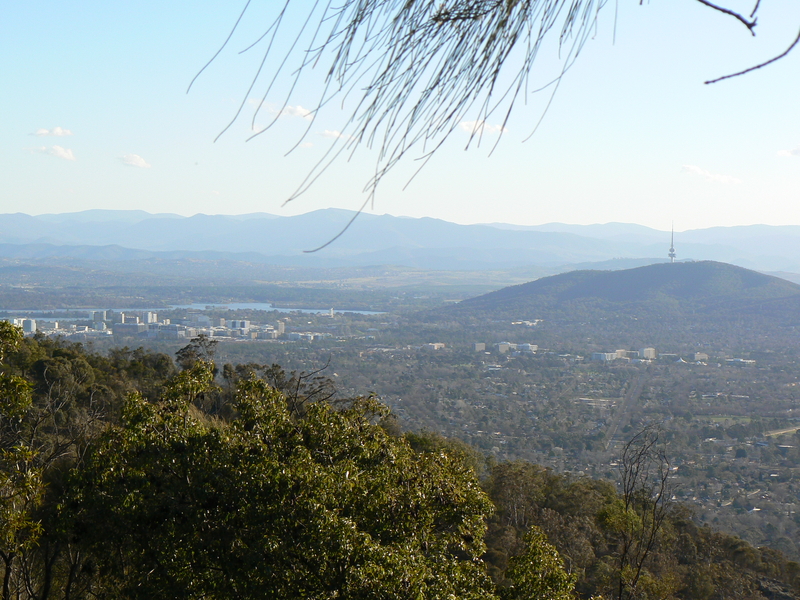 CBD, Lake Burley Griffin, Black Mountain, and various suburbs of Inner North Canberra as seen from the summit of Mount Majura