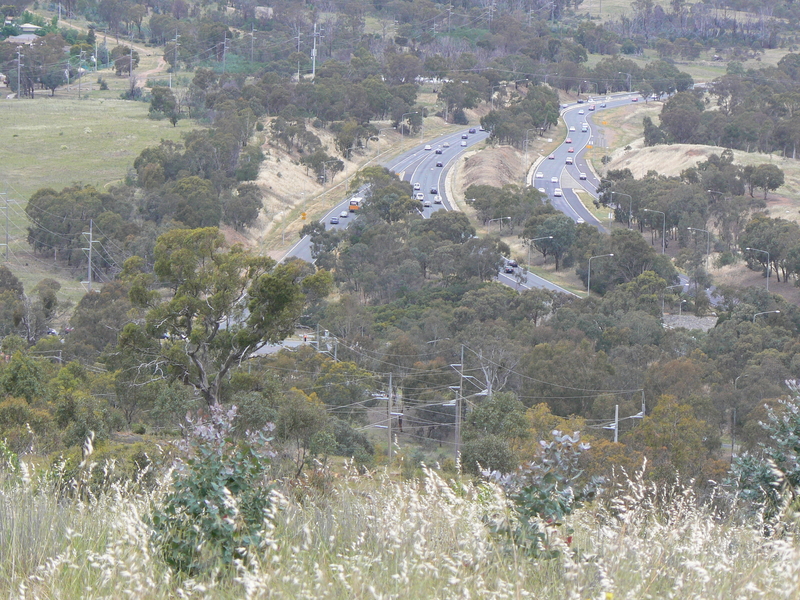 The Tuggeranong Parkway south of Oakey Hill. If you look carefully between the on-ramp and the Parkway heading south, there is a red light for the Parkway's offramp.
